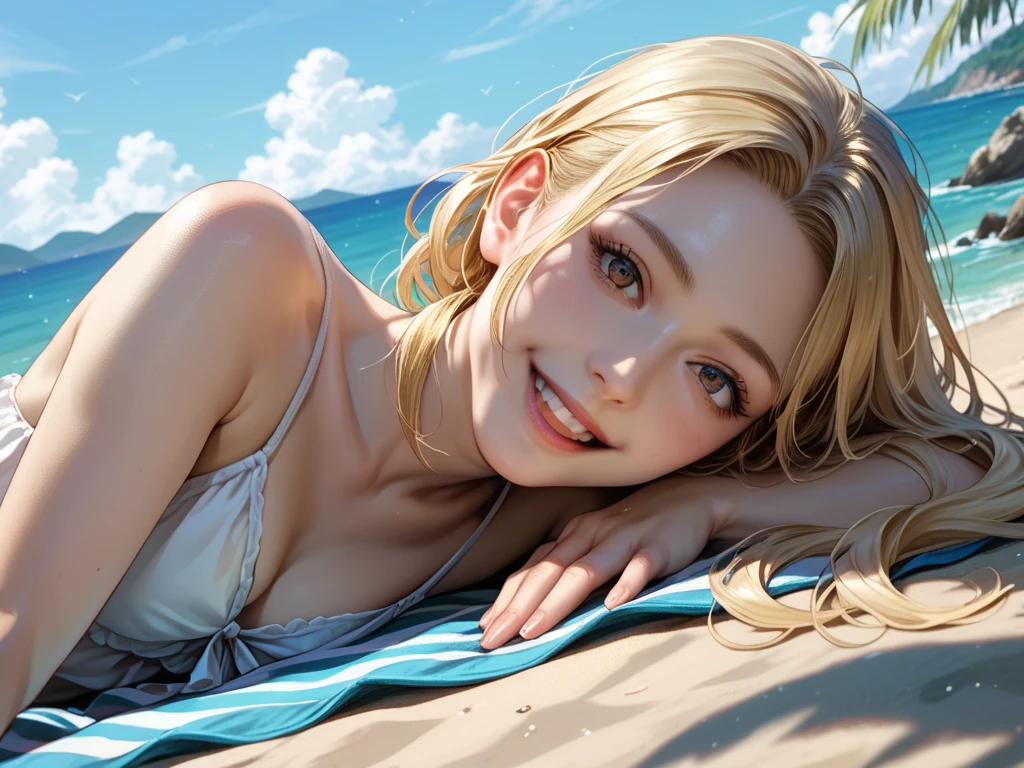 amazing quality, newest, absurdres, realistic lighting,
1girl, solo, Blonde Hair,

Gold Thongs,
lying on side, head tilt, laugh,
beach,
anime style, detailed face,
