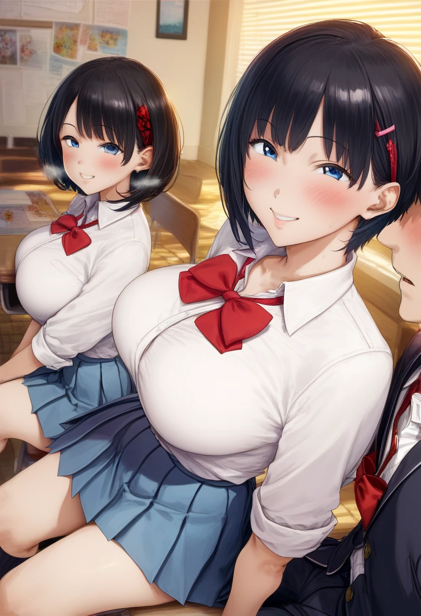 (((Pixel Perfect, Perfect in every detail,nsfw,,clothes lift,large breasts,arouse,dpubic hair,1 girl,thigh-high socks))), alone, One girl, Ruka Sarashina, Blue Ribbon, big , (teacher), View your viewers, In the room, sitting