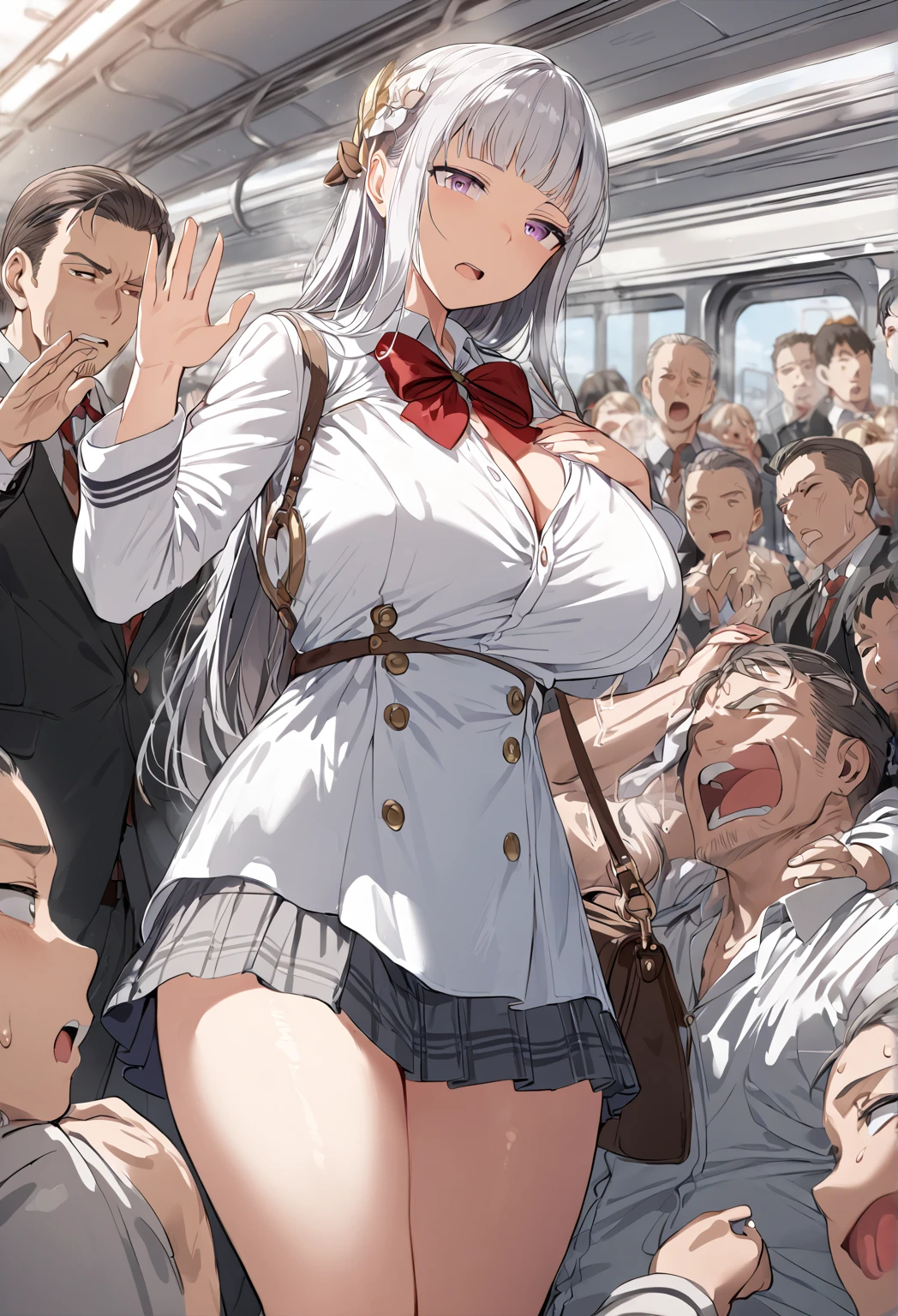 pieces fly、masterpiece、highest quality、Super detailed、High resolution、High resolution、8K portrait、Unity 8k壁紙のHigh resolutionCG、unity 8k wallpaper、cute type little:1.5、:1.5、Highly detailed CG unity 8k wallpaper、realistic、real person、cute type little、 portrait photography、shiny skin、High resolution、(16 years old:1.2)、(1 girl)、beautiful clear eyes、very detailed explanation、delicate face、nice lips、slender body、Medium breasts and thin waist、thin legs、(on the train:1.6)、1 girl, cute type, perfect face, seriously, (blush:1.5),(silver long hair:1.2),((there are many people nearby:1.4)),medium breast 同,((school uniform:1.2)),(((clothing lift:1.5))), (((I have nipples))), Detailed description vagina,show vagina,spread legs,spread ,((Orgasm in the vagina:1.5))