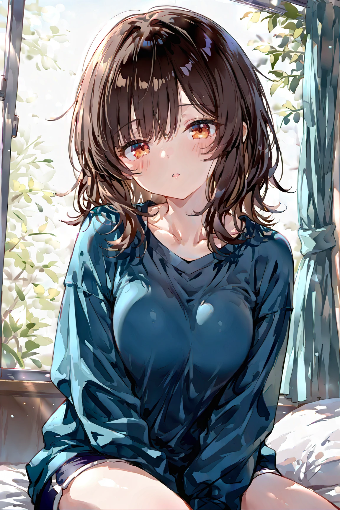 (Best quality, 8k, 32k, Masterpiece, UHD,:1.2),RAW, 1girl,ultra cute , natural lighting,transparent shining eyes, 20yo,medium breast ,fair complexion ,flushed face, dynamic angle, short hair, White sweater, squatting near windows, Norwegian Forest Cat at her foot