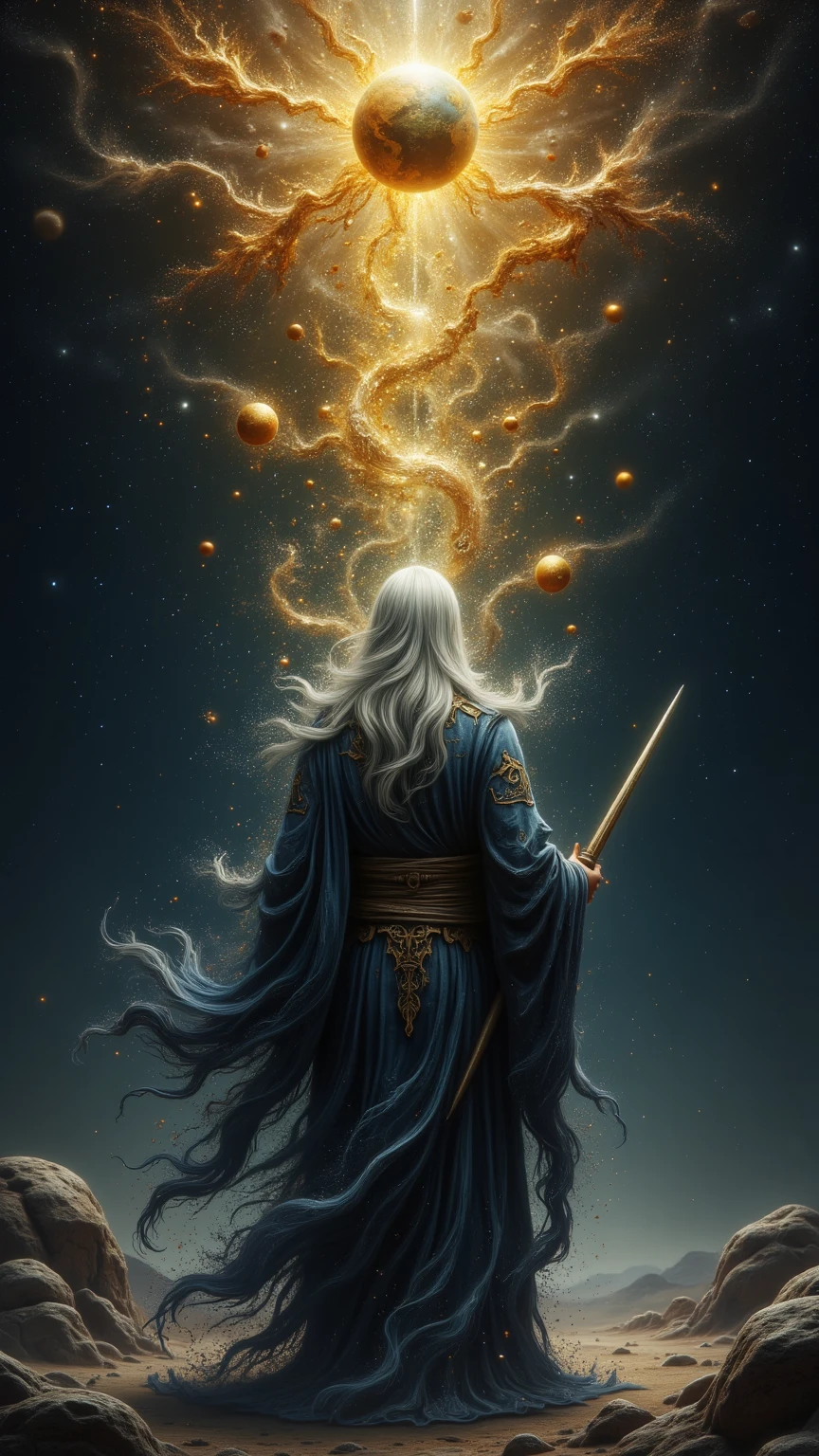 (Back view、Gray Hair、elder、Good physique), (A golden and transparent hexagonal pillar connecting space and earth), ((透明な六角形の柱の中で瞑想する後ろ姿のelder)), (4k, 4K quality, Ultra HD, Ultra-detailed, very accurate, oil:1.4). 