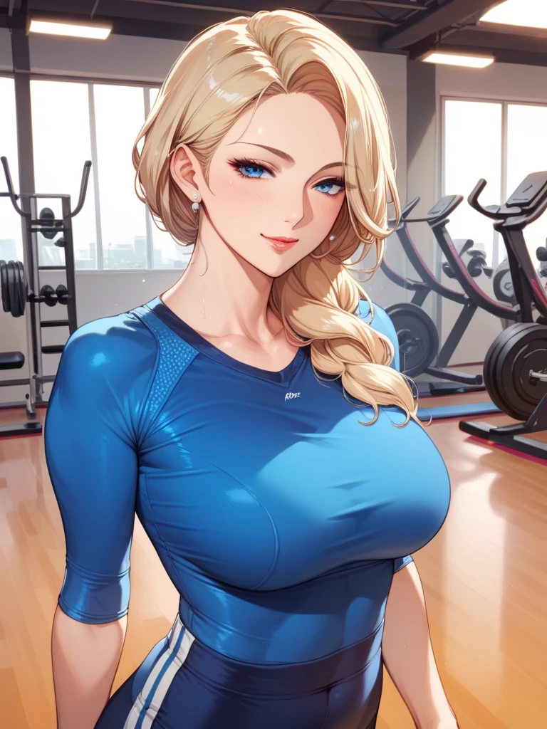 20 years old woman, Short brown hair, Méditerranéenne aux blue eye, Generous and heavy breasts, slender waist, estomac defini, fesses rebondies et pulpeuses, naturally curved, muscular thighs, aguicheuse, in the gym, blonde highlights, en short et teeshirt , blue eye, hair bun