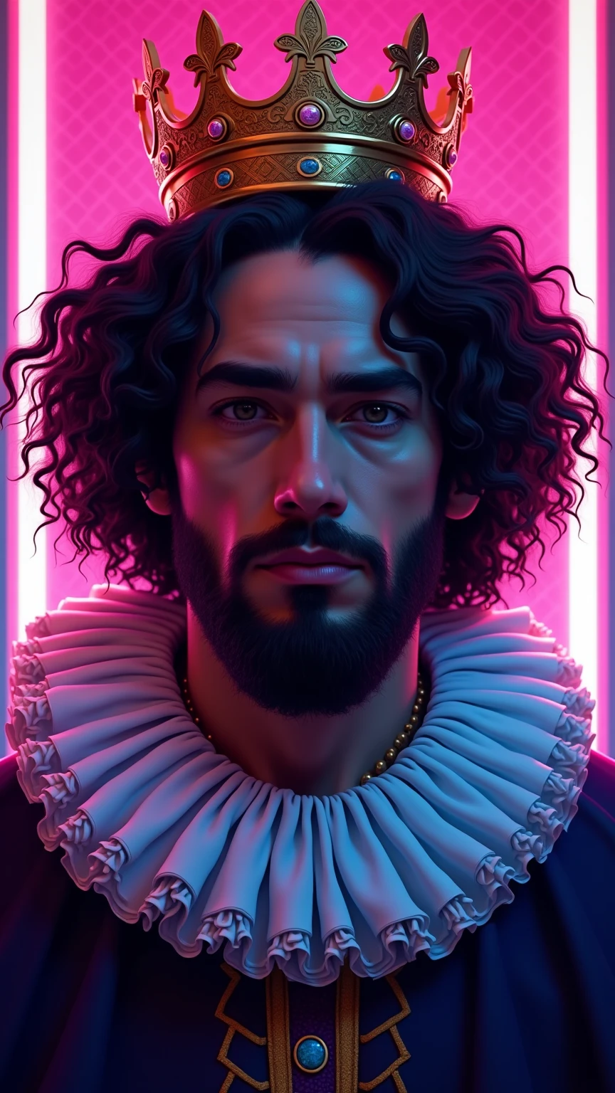 A regal portrait of a king set against a vibrant, retro-futuristic backdrop. The subject presents a striking appearance with voluminous curly hair, wearing a golden crown adorned with intricate patterns. His attire features an ornate royal collar with distinct white ruffled trim, richly detailed in shades of purple and black. The background displays a glowing mesh grid, evoking a digital landscape, harmonizing with neon pink and blue hues. The lighting is bright and directional, highlighting  features and adding depth to the overall composition. The mood reflects a blend of authority and charisma, resonating with elements of Baroque art and 80s retro aesthetics. Artistic influences include digital illustration techniques, enhanced with sharp color contrasts and clean lines, creating a vibrant and immersive visual experience.