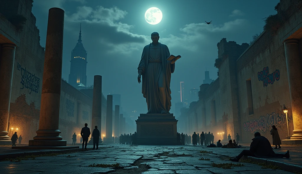 Night View of A colossal, time-worn statue of a stoic figure clutching an open book stands watch over the fragmented remains of an ancient world, illuminated by a dim, drifting moonlight. Around its base, traces of a fractured present mingle with the past—luxury stuffs half-buried in dust, designer handbags abandoned near cracked pillars, a  scrolling on a phone beneath faded graffiti. The scene pulses with quiet contradiction: elegantly dressed figures pass by the statue without looking up, while nearby, the homeless sleep against crumbling walls tagged with chaotic symbols. A drone buzzes overhead, unnoticed. Broken fountains reflect flickers of neon signs from distant towers. Flowers bloom through asphalt cracks. Trash and beauty coexist, sacred and profane layered in silent tension. The viewpoint is disoriented—seen from the ground, through fogged glass, or reflected in puddles. The lens captures soft ambient light, shallow focus, and blurred edges, evoking a dreamlike suspension. The atmosphere is charged but hushed, as if the moment is holding its breath. The contrast is everywhere, yet nothing feels out of place—just a haunting stillness, a quiet observer of a world forgetting how to listen.
