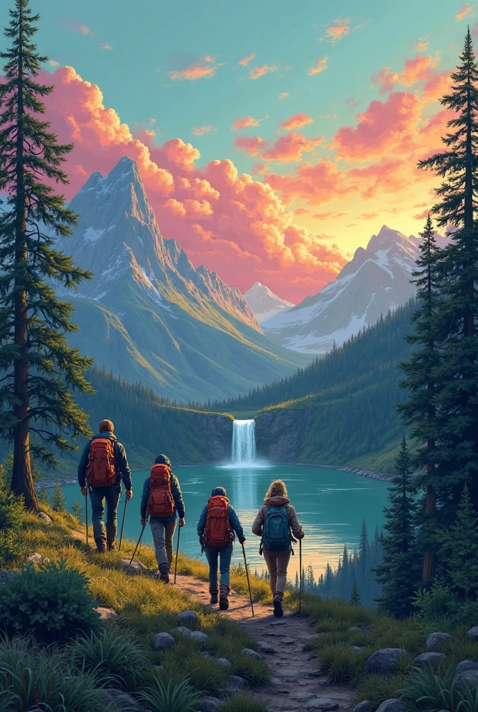 A realistic digital painting showing three hikers walking along a mountain forest hill  . The background features a realistic sky transitioning from deep turquoise to warm magenta and soft gold in middle, with the some red hues slightly muted. grass-capped mountains rise in the distance, two gentle waterfall cascades into a calm lake, and the landscape is framed with minimal greenery and prominent foreground trees. The scene conveys peaceful adventure and natural beauty under a colorful evening sky.