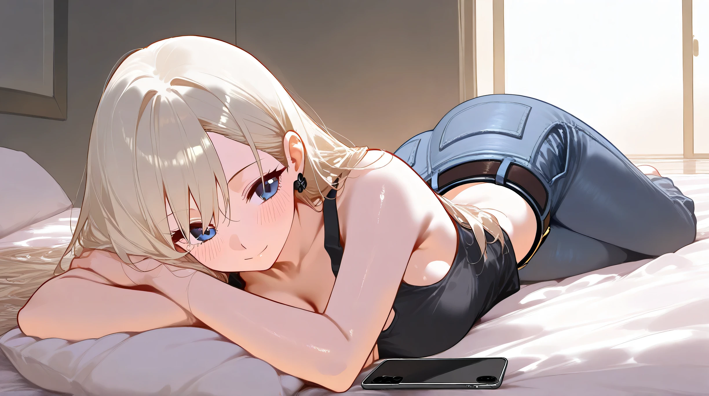 Masterpiece, Best Quality, Top Quality, Very Detailed, 1 girl, Bathed in warm afternoon light, she lounges casually on her bed, a serene contrast to the strength hidden behind those piercing blue eyes. Her platinum blonde hair frames a face both youthful and composed, while her relaxed pose speaks of calm confidence. Dressed in a sleeveless top and denim pants, with a black sleeve covering each arm, she seems at peace—but the phone beside her hints she’s just one call away from action. In this moment of stillness, she’s a warrior off duty, elegance and power coiled beneath a tranquil surface.