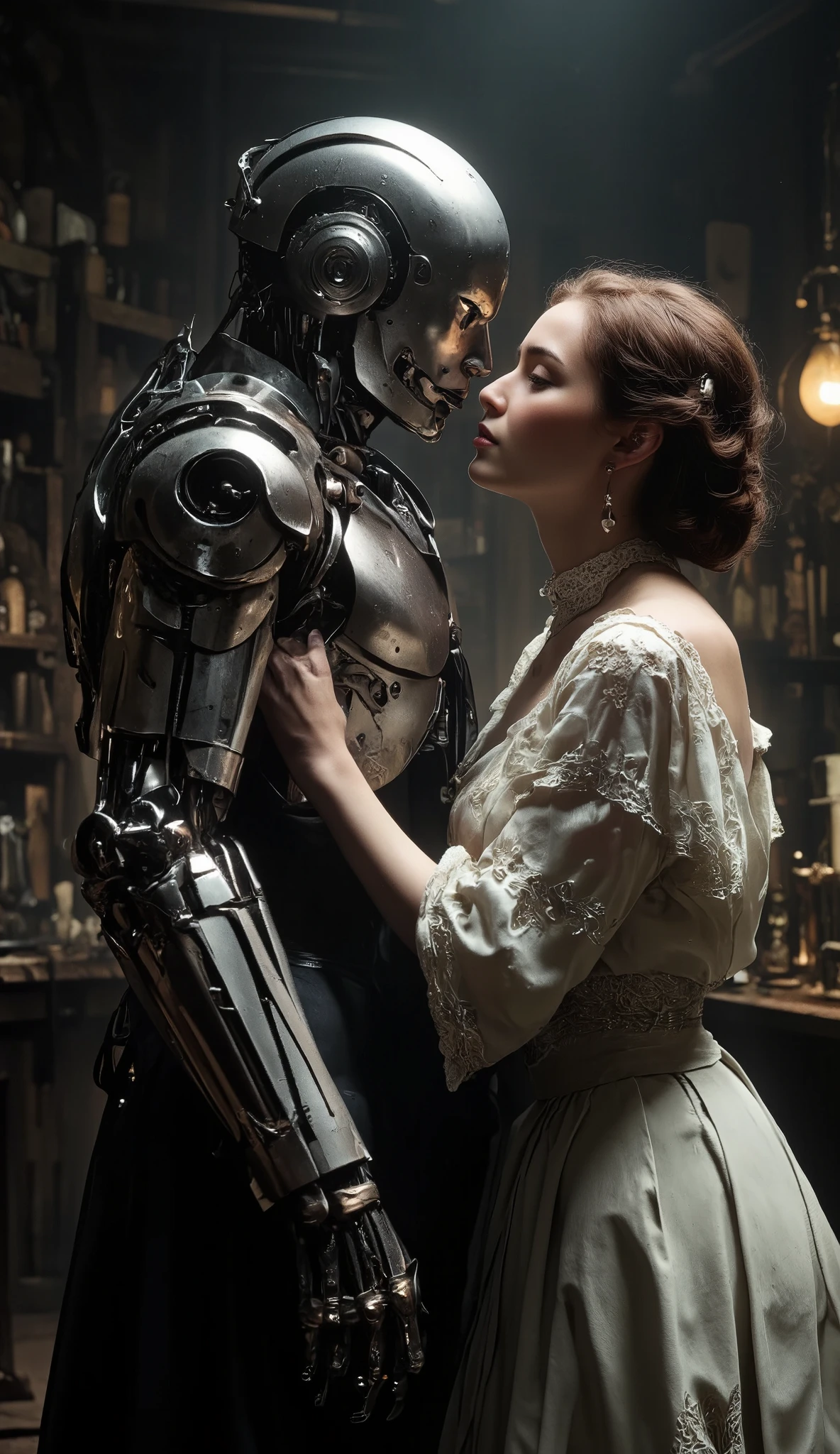 19th century,
Robot guy and Dr. Young girl,
She is kissing the robot,