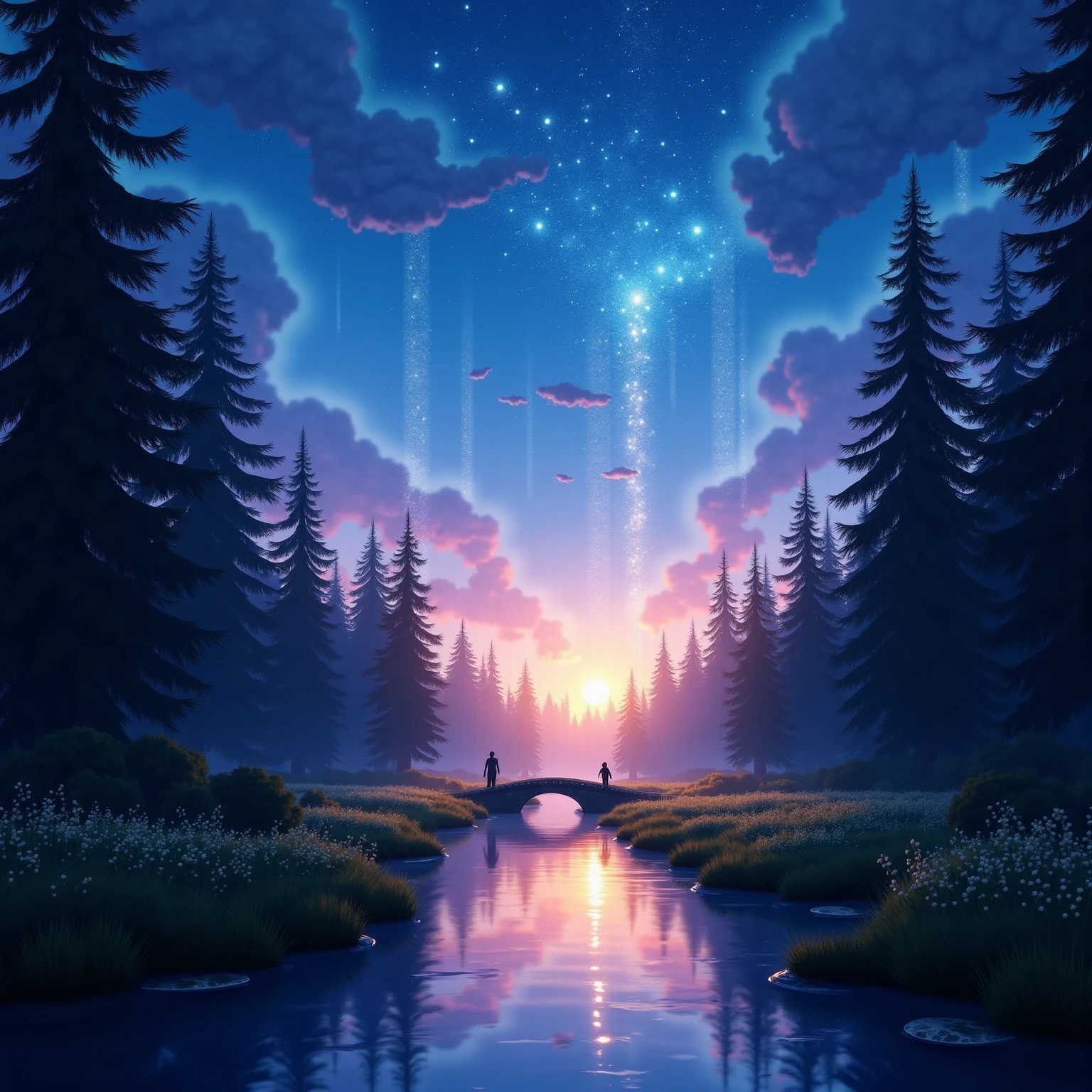 mesmerizing and dreamlike fantasy landscape set at twilight, where the veil between sky and earth seems thin and filled with magic. The scene opens with a gently flowing river that reflects the last light of a setting sun, casting warm golden hues across its calm surface. Along the riverbank, tall pine trees and dense forest shadows frame the view, giving way to a soft meadow bathed in subtle twilight tones. In the distance, a small stone bridge arches gracefully over the water, connecting two parts of this enchanted realm.

Above, the sky is a breathtaking spectacle—deep blue and violet tones are illuminated by shimmering stars and streaks of glowing cosmic light that cascade down like celestial waterfalls. These radiant streams appear to fall gently from floating landmasses or hidden rifts in the heavens, glowing in shades of icy blue, magenta, and silver. The stars themselves sparkle brightly, not static but alive, as if watching over the world below. Clusters of nebulous color swirl around them, resembling both galaxies and aurorae, imbuing the sky with layers of surreal beauty.

The lighting is soft and atmospheric, blending warm earth tones from the setting sun with the cool, ethereal illumination of the descending starlight. The mix of natural and supernatural lighting creates a harmonious and calming glow throughout the landscape. A warm light glows softly behind the bridge in the distance, hinting at a town or hidden sanctuary just beyond the horizon.

The air is filled with a sense of calm wonder. Everything feels still, suspended in a moment between day and night, between reality and dreams. The reflections on the water are crystal clear, creating a perfect mirror of the sky above. The scene evokes a sense of timeless magic and peaceful solitude, a place where one might encounter stargazers, spirits, or celestial beings wandering beneath the falling stars.

The art style is richly detailed and cinematic, with a painterly quality that emphasizes light, con