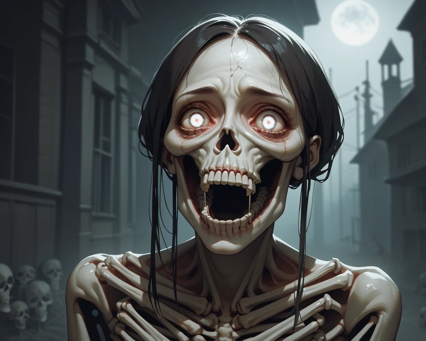 In a post-apocalyptic setting, twilight light bathes a desolate city as zombies emerge from the shadows. Their pale skin reflects the dim light, contrasting with the decadent surroundings. A zombie, notable for its cadaverous expression and empty eyes, slowly advances, highlighting the imminent threat. The visual composition evokes tension and horror, creating a magazine cover-worthy image that captures the terrifying essence of the world of the undead.
