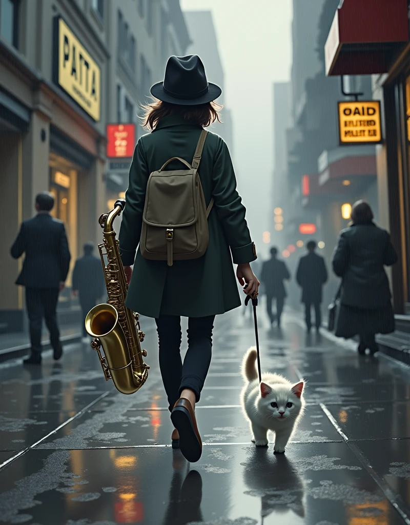 ((((A small, fluffy white kitten)))) ((((Patty)))) While Patty was walking towards his house, walking between people's legs, close to the wall, with a saxophone case in his hand, it started to rain and he had a hat on and a topcoat on.