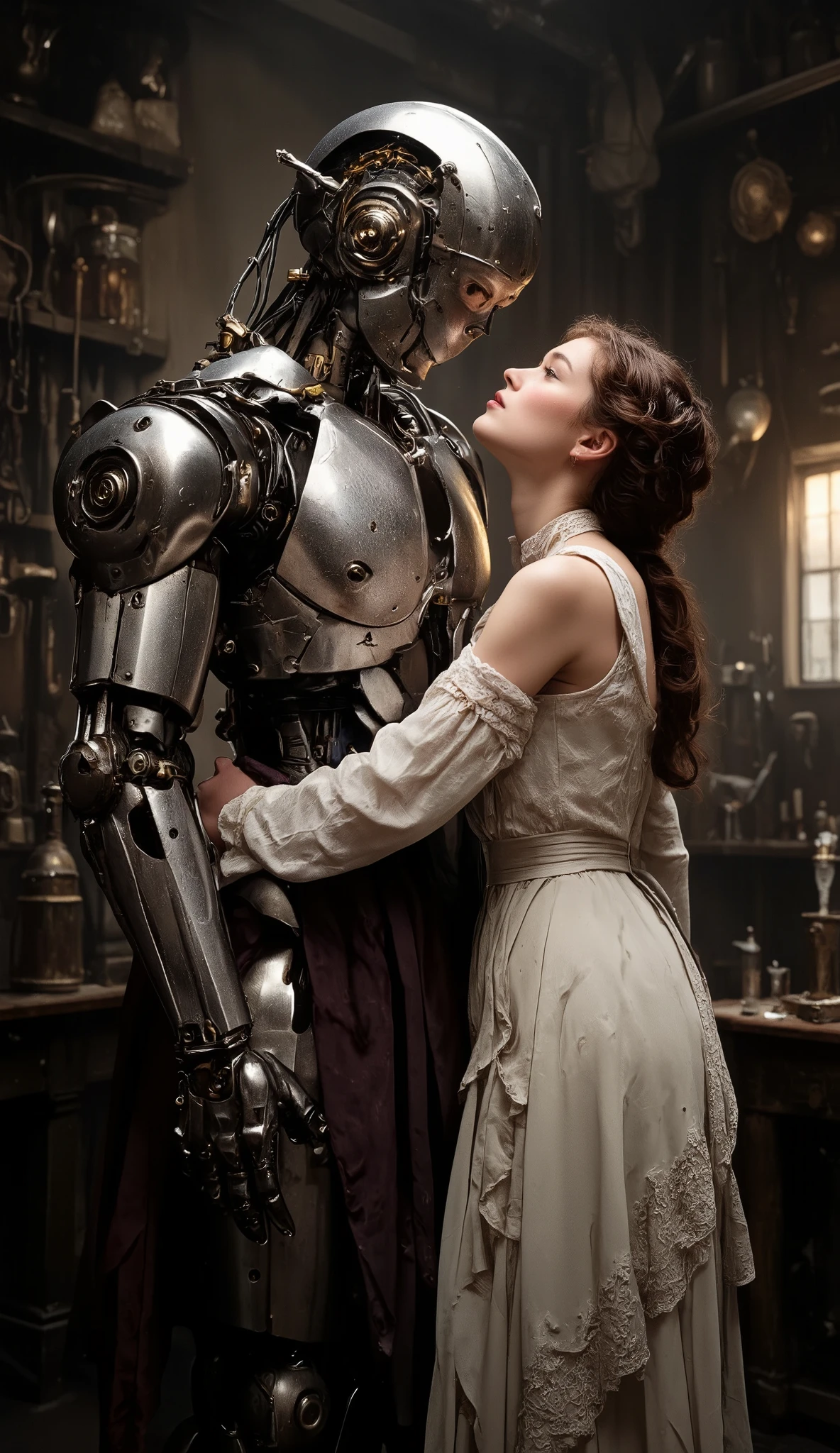 19th century,
Robot guy and Dr. Young girl,
She is kissing the robot,