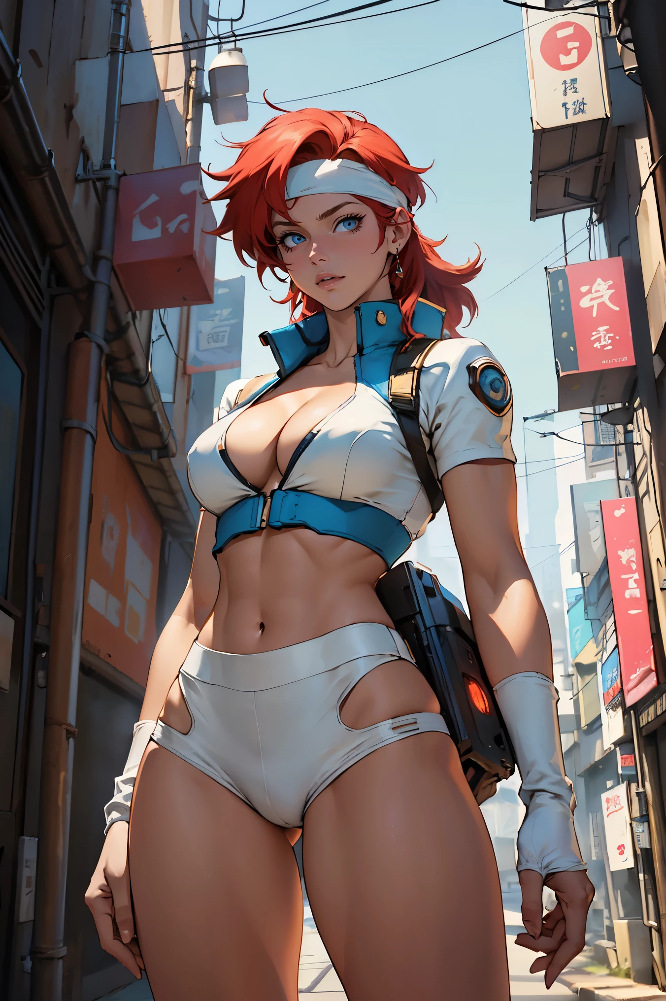 ((Masterpiece, highest quality; 1.3)), super quality, beautiful detail, super detailed, extra fine, 16K, exquisite, absurd, high resolution, beautiful background, detailed background, beautiful eyes, beautiful skin, anime style, Kay from Dirty Pair in a white outfit, tight outfit, cleavage, bushy redhead beauty, very light blue uniform, wearing tight clothes, skimpy, (mid ?????: 1.2), cleavage, cleavage, slim waist , thin waist, slim thighs, thin legs, slim legs. thigh gap, showing stomach, skinny, thin ????, cyberpunk city background, holding retro space gun , headband, 