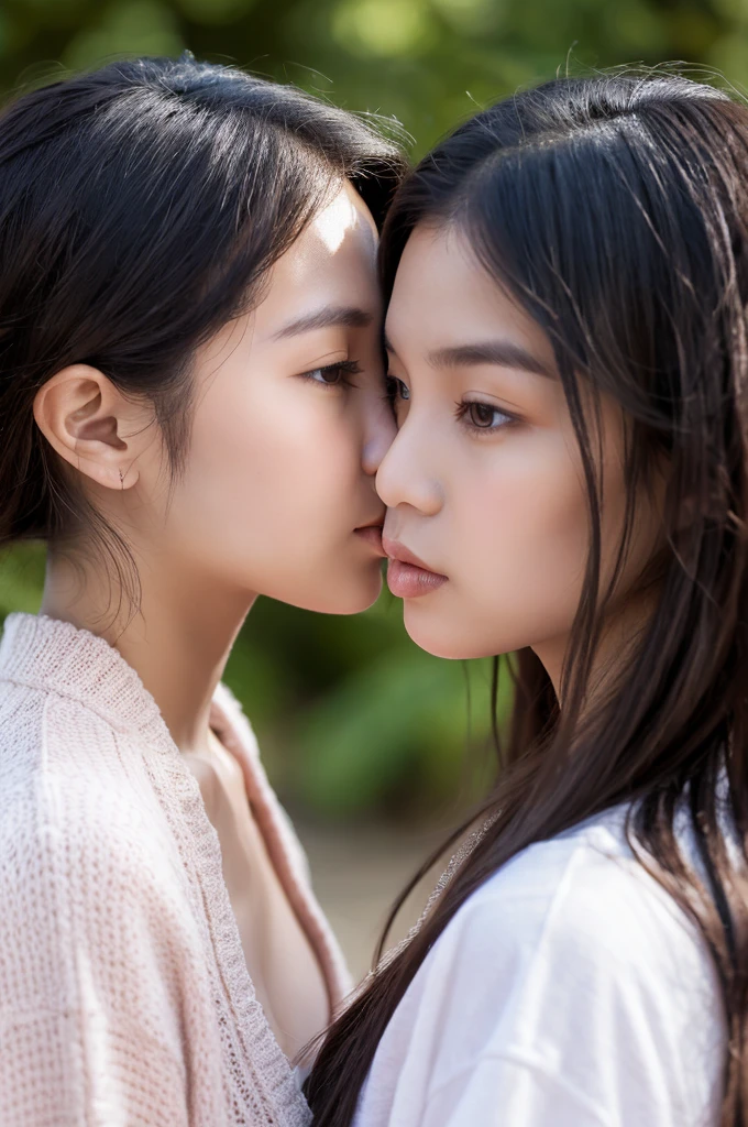 Korean 2girls kiss and snuggle, outdoor, the most beautiful image ever seen, RAW, sharp focus, (photorealistic), best quality, ultra high res, masterpiece, <lora:koreaface10:0.8>
