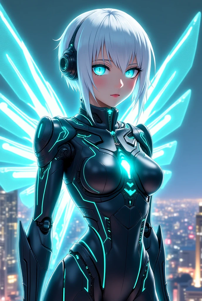 An artwork of a girl with futuristic bionic arms, created using a combination of digital illustration and 3D rendering. The girl has eyes, labios y rostro bellamente detallados. His bionic arms are extremely detailed, showcasing advanced mechanical components with sleek, silver metallic textures. The background represents a futuristic cityscape with towering skyscrapers and flying vehicles.. The lighting is vibrant and dynamic, with neon lights that illuminate the scene. The overall color tone is a mix of cool and warm tones, giving a futuristic and energetic atmosphere. La imagen es de la mejor calidad, with ultra-detailed precision and realistic appearance, casi fotorrealista.