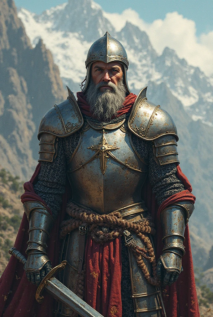 A gentleman with his sword, his helmet and everything, that in the background you can see that he has won a battle with mountains in the background 
