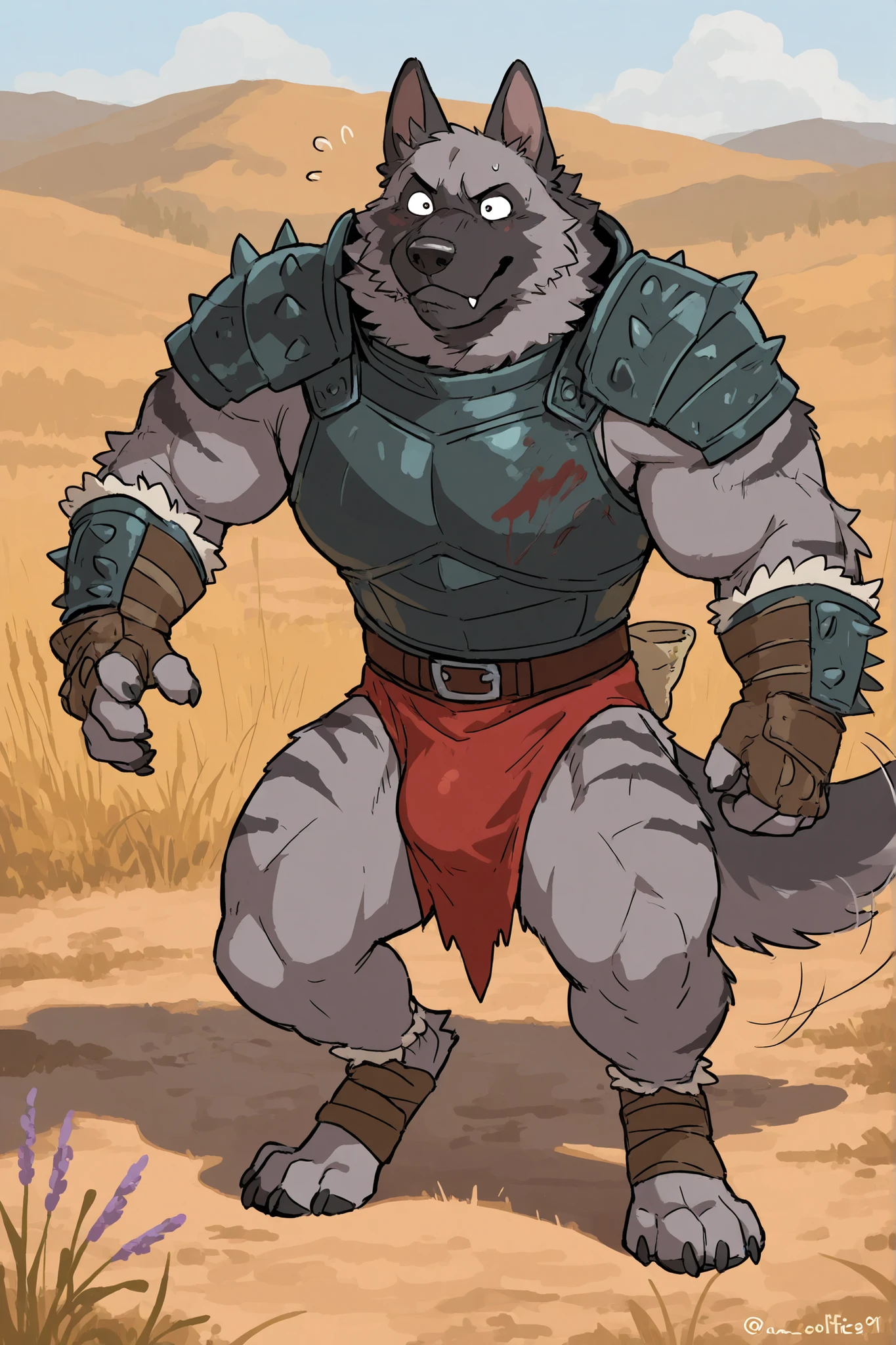 Solo Sexy young anthro furry rat male mercenary medieval solider, slim slim muscular, anthro handsome gay shorter muzzle, handsome gay model male apperance, sword scars, worn out leather skimpy armament, low on hips heavy leather belt, old very worn out skimpy dirty linen material jockstrap, old yellow dirty worn out stains on white sawn jockstrap, very visible "x" brown seam pattern on the jockstrap, studded skimpy armlets breastplate armor, skimpy breastplate, leather bondages, fingerless leather gloves, smelly unwashed furr, dirty body look, desert battlefield, standing in sexy fighting position, close view of full character