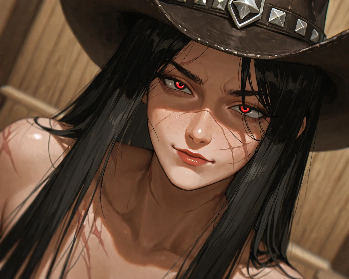 1 girl, (dark skin:1.2), shy, cute, cold expression, (8k, RAW photo, best quality, masterpiece:1.2), (realistic, photorealistic:1.2) (ultra-detailed, Super detailed:1.2), vivid colors, studio lighting, portrait, Yellow coloured eyes, blank eyes, Night clouds background, Aesthetic, romantic, Luna, Vampire, wearing goth collar, black hair, unbuttoned white shirt revealing her chest, smirking revealing her tiny sharp fangs, (small chest:1.1), (scars on chest, cuts in shirt, messy hair, blood on scars, blood stains on shirt, tired, Covered eye with an eye patch:1.1)