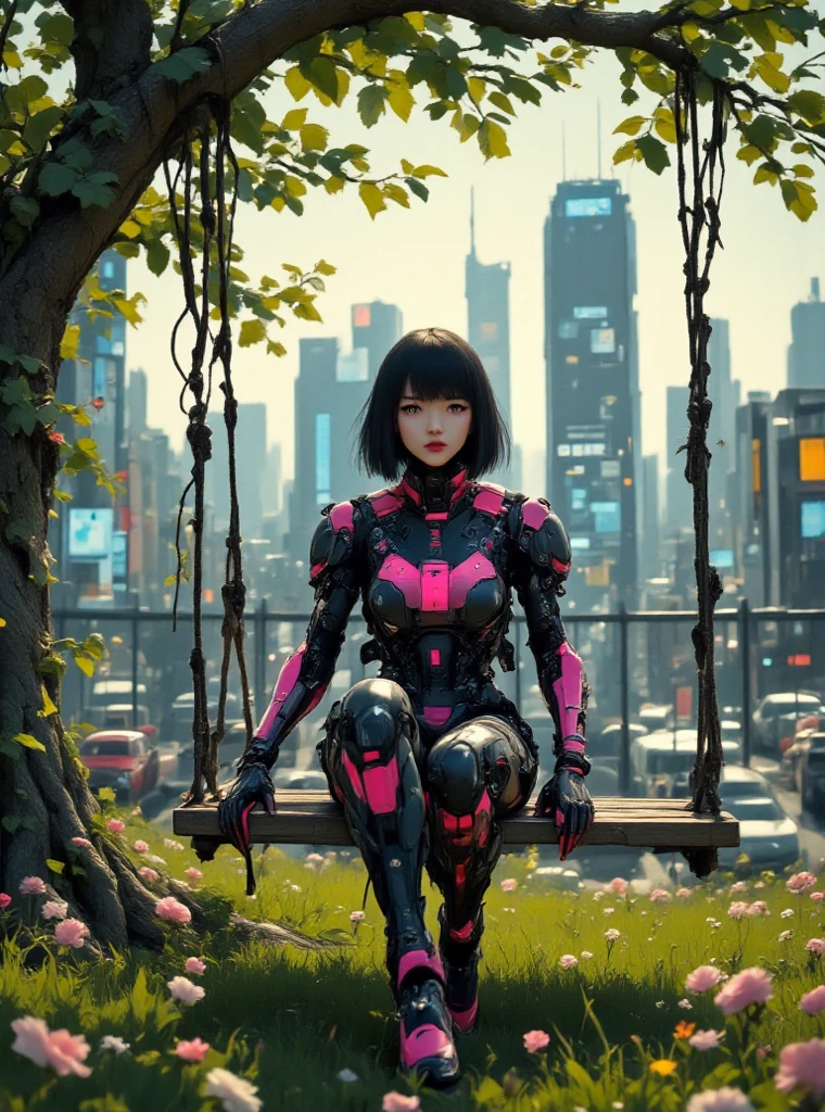 Young Chinese, 20 and some years, short black hair, wearing black and pink technological jumpsuit, Sitting on a wooden swing attached to a leafy tree, Lawn and few flowers wrapped, In the background a cyber city, com carros, ao ar livre, luzes lede neom, a metal fence separates the city from the place where the girl is,bottom view,left angle,enlarged image,Ultra HD, depth of field costume, digital art, photorealistic, 8k, Ultra detailed, intricate details, oil painting, luz natural