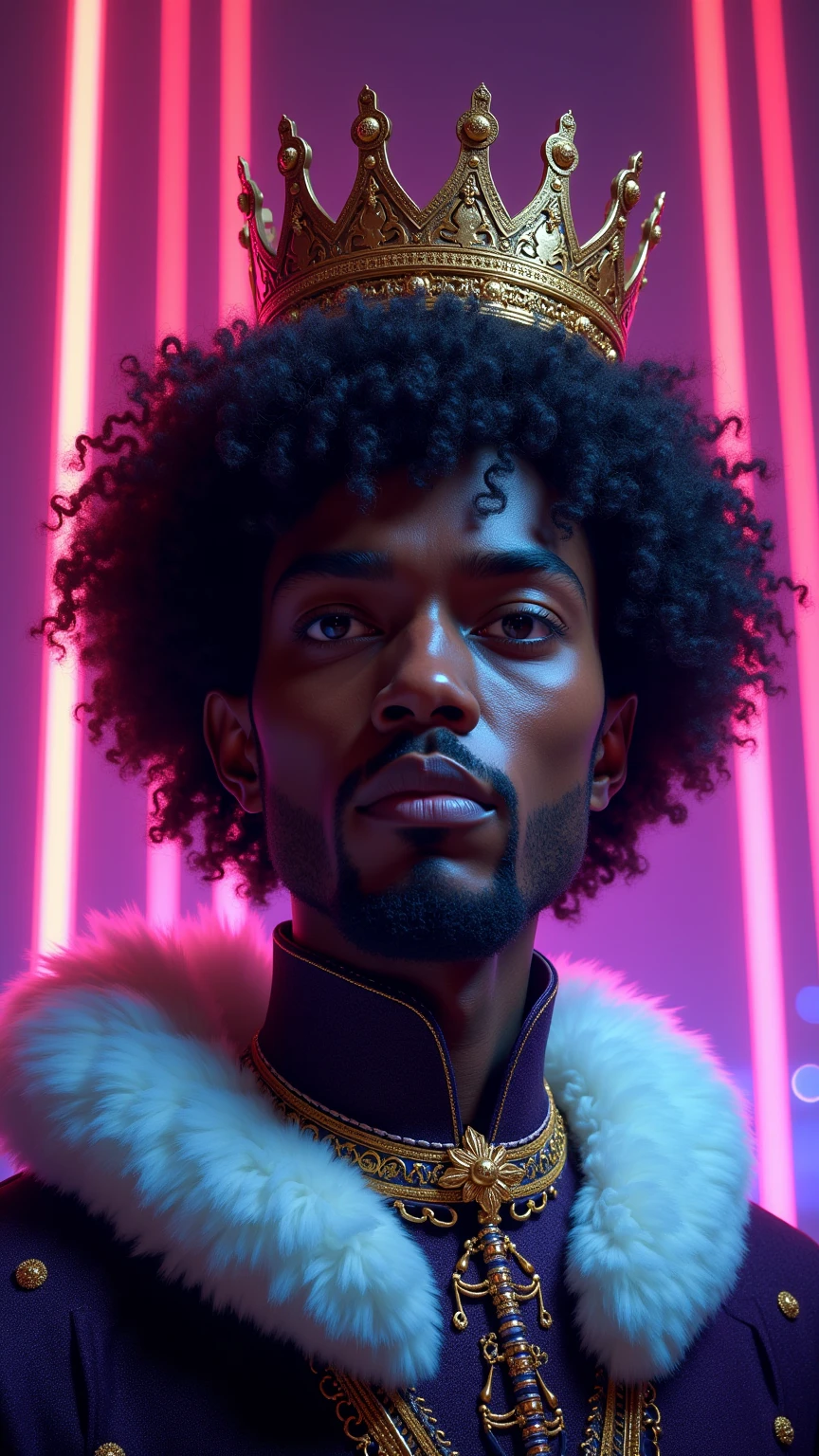 A regal digital art of a king set against a vibrant, retro-futuristic backdrop. The subject presents a striking appearance with voluminous curly hair, wearing a golden crown adorned with intricate patterns. His attire features an ornate royal collar with distinct white ruffled trim, richly detailed in shades of purple and black. The background displays a glowing mesh grid, evoking a digital landscape, harmonizing with neon pink and blue hues. The lighting is bright and directional, highlighting facial features and adding depth to the overall composition. The mood reflects a blend of authority and charisma, resonating with elements of Baroque art and 80s retro aesthetics. Artistic influences include digital illustration techniques, enhanced with sharp color contrasts and clean lines, creating a vibrant and immersive visual experience.