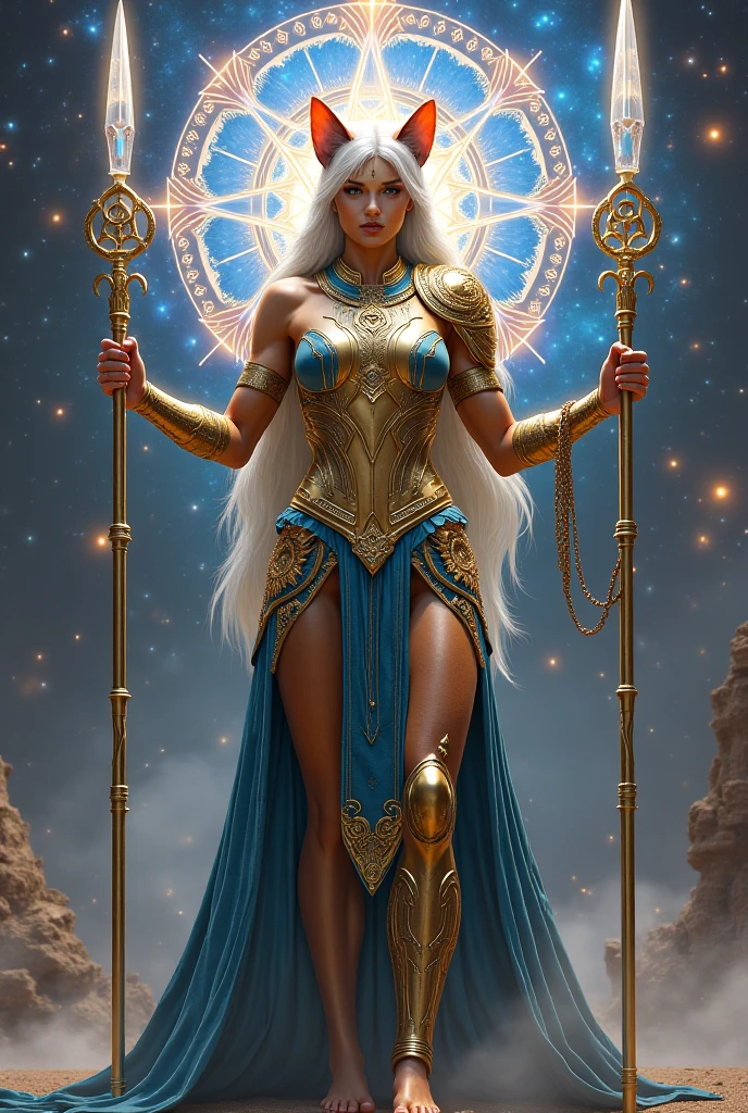 (A beautiful cinematic ornamented female sand goddess, golden dress, glow golden tattoo), (galactic Shaman with Quantum Energy fantasy), fantasy magic, long hairstyle, dark light night, intricate, ethereal, sharp focus, illustration, highly detailed, digital painting, concept art, matte, masterpiece
