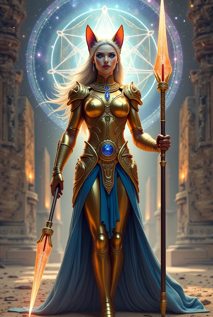 A majestic Urmah female figure representing the sacred duality of a stellar warrior and a cosmic priestess. She has a strong, elegant feline-humanoid body, with defined muscles under golden skin with silvery reflections. Her face is humanlike with soft feline features, deep sapphire-blue eyes radiating loving intensity and interstellar wisdom. She wears lightweight armor inscribed with cosmic symbols (merkaba, Flower of Life, spirals), combined with a flowing ceremonial robe in amethyst and jade. In her right hand—more of a graceful feline claw than a human hand—she holds a glowing spear etched with ancient codes. In her left, a crystal-tipped priestess staff emitting soft starlight. Behind her spins sacred geometry pulsating with diamond energy. The background is an ancient star temple surrounded by celestial portals and galactic mist. Her presence conveys compassionate strength, divine alignment, and cosmic mastery.

Art style: mystical cosmic realism, refined details, sacred light textures.
