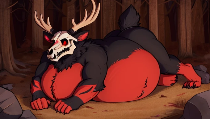 ((Wendigo)) ((Male)) ((Skull head)) ((red and black fur, lot of red tattoos)), chest hair, white glowing eyes, antlers and claws, large, overweight, very fat, very big belly, belly, giant belly, massive belly, bloated belly, bulging belly, vore, gurgling belly, mpreg, pregnant. Lazy, dad, daddy, dilf, bara, adult, aroused. Very embarrassed, guilty, blushing, blush, flustered, hearts, surprised, shy, cabin in the middle of the woods, forest, cabin, cozy lights. Naked, laying down. Vore, rubbing belly.