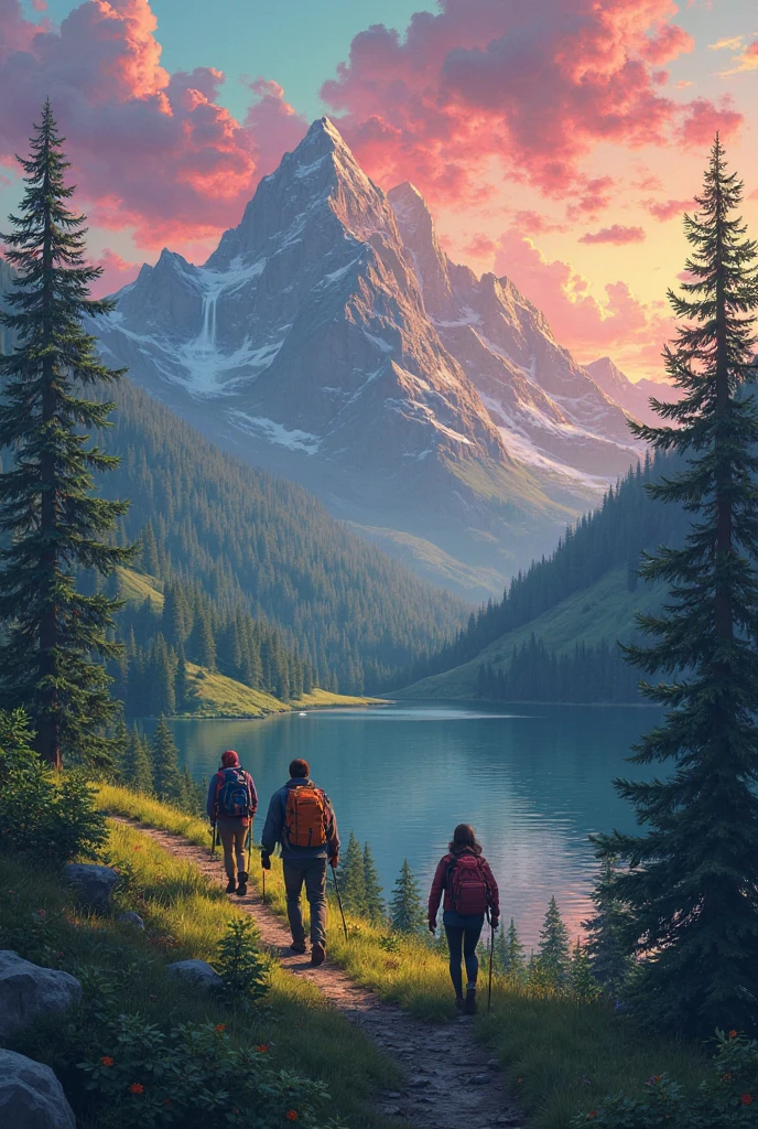 A realistic digital painting showing three hikers walking along a mountain forest hill  . The background features a realistic sky transitioning from deep turquoise to warm magenta and soft gold, with the some red hues slightly muted. grass-capped mountains rise in the distance, mountain should some green grass vibes, two gentle waterfall cascades into a calm lake, and the landscape is framed with minimal greenery and no prominent foreground trees, right and left side from frame should use tree. The scene conveys peaceful adventure and natural beauty under a colorful evening sky.