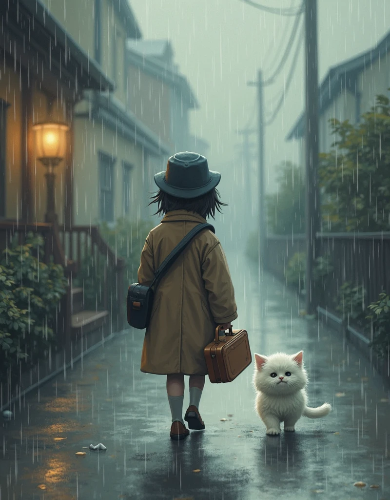 ((((A small, fluffy white kitten)))) ((((Patty)))) While Patty was walking towards his house,  with a saxophone case in his hand, it started to rain and he had a hat on and a topcoat on.