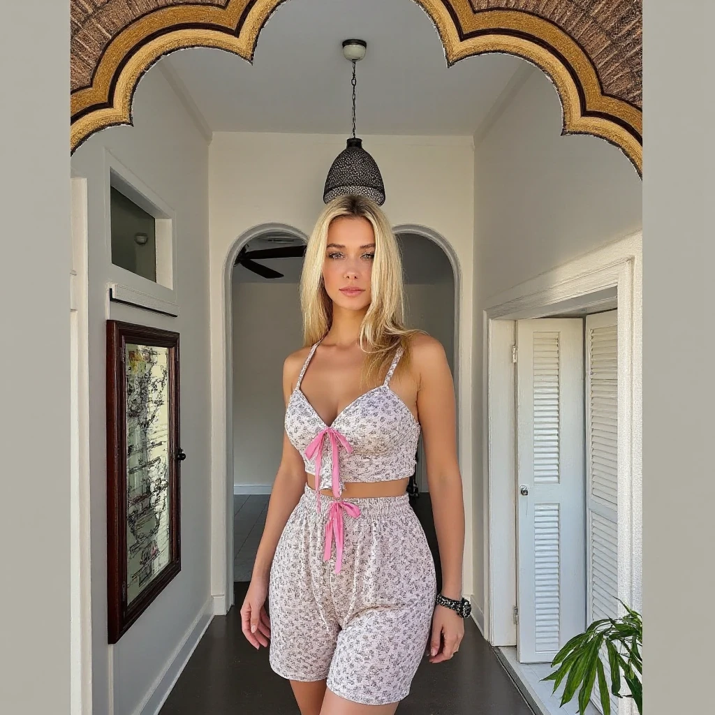 In this mesmerizing scene, our 21-year-old American influencer radiates her charm as she immerses herself in a different activity at an exclusive event. Her presence is as dazzling as ever, showing her versatility and grace in every moment.

This time we find her participating in an art session, expressing her creativity with every brushstroke. Dressed in an outfit that merges the artistic and the elegant, our influencer demonstrates that style can be a form of self-expression. She wears a jumpsuit with a unique design, with fluid cuts and creative details that enhance her silhouette with contemporary elegance. Paired with minimalist shoes and delicate accessories, her look is a sophisticated, fashion-forward style statement. 🎨👗

As she immerses herself in her work, Her blonde hair cascades over her shoulders, adding a touch of softness to her image. Her makeup highlights the luminosity of her face and the freshness of her complexion, complementing her focused and passionate expression.

The atmosphere of the art session is full of creativity and emotion, with each stroke capturing the unique essence of our influencer and her inimitable style. Through the lens of the ultra-realistic 8K professional cinema camera, every moment of this scene is captured with stunning clarity, showcasing the grace and elegance of our style muse in all her facets.

We find her lying on a bed in sexy lingerie