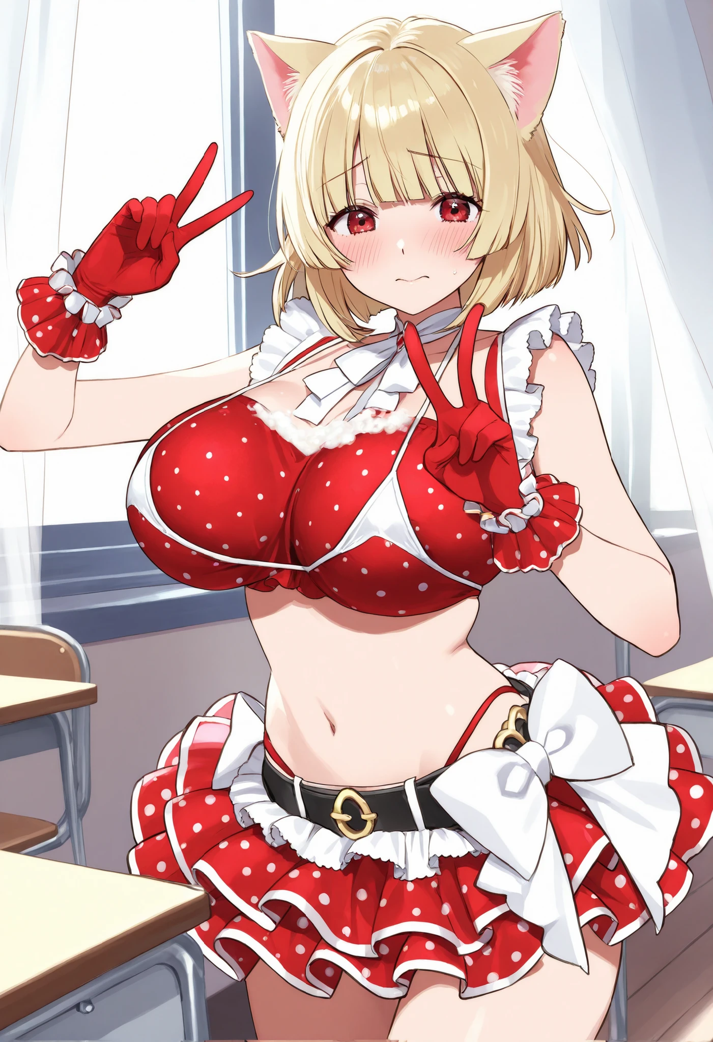 Cat ears、bob cut blonde hair、 popup、White ruffle bikini、Happily Shy、big breasts、red satin bikini、Fluffy Polka Dots、rainbow、another world、summer beach、Soap、vertebrae