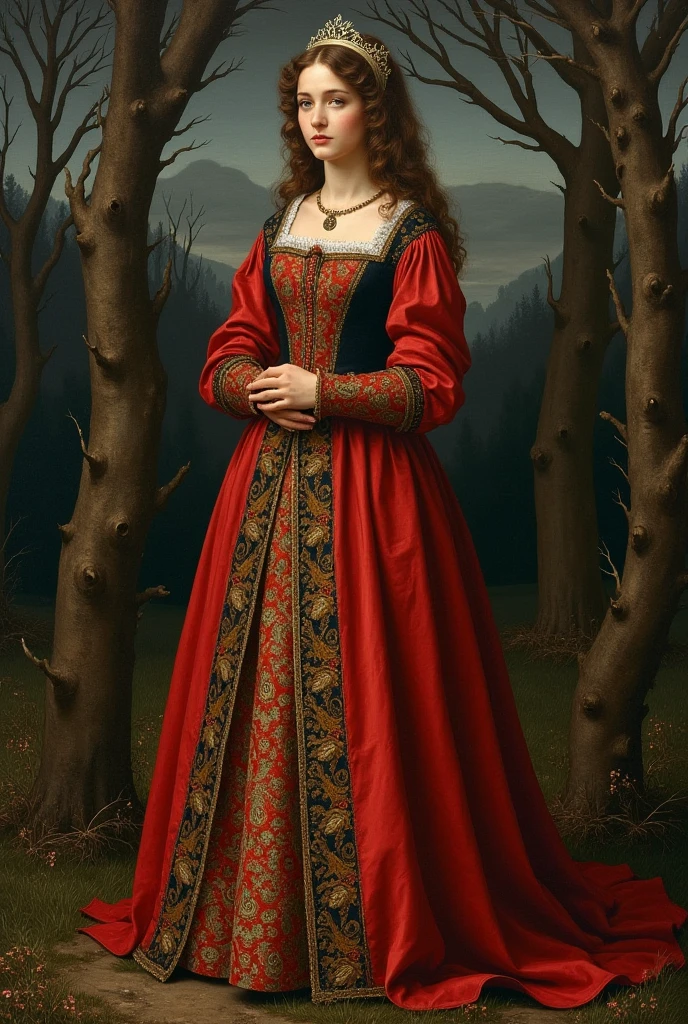 A medieval-style painting of a noblewoman (Oriana) in a richly detailed gown, standing in a dark, mysterious landscape. The scene features tall, twisted trees and a gloomy sky. The painting is formal, with flat, vibrant colors and an emphasis on patterns in the clothing, typical of medieval art