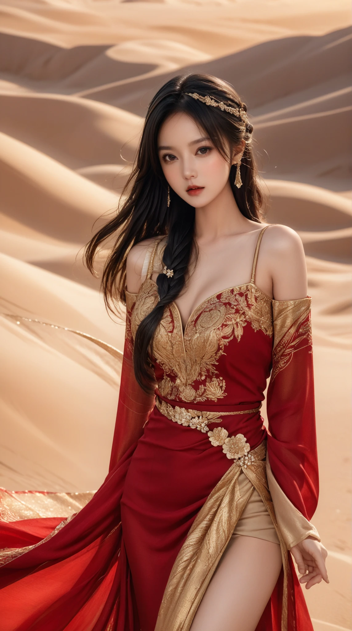 Masterpiece, absurderes, Highly detailed:1.3), dream-state, Digital painting beauty, (Sitting, mature, Slim, Slender,) view the viewer, (Masterpiece), (Best quality:1.2), absurderes, Intricate details, skin indentation, cleavage, Huge breasts, (Highly detailed skin:1.2), (author：Alphonse Mucha Echo Chernik Megan Laura Cho Bingqiang), Sharp focus, Soft and colorful, Centered, symetry, picure, Intricate, voluminetric lighting, Beautiful, rich deep color, Ultra detailed, Digital painting, Mysterious magic, Focused, lush colors, Canon Eos 5d Mark IV and Fujifilm Superia X-TRA 400 film, (Extremely detailed oil painting:1.2), Glow effects, godrays, handpainted, Renders, 8K, rendering by octane, 4 d cinema, blender, Dark, Super delicate atmosphere 4K, cinematic sensual, Sharp focus, humorous illustration, great depth of field, Masterpiece, colours, 3d octane render, 4K, concept-art, trending on artstationh, Hyperrealistic, Vivid colors, Extremely detailed CG unifies 8K wallpapers, trending on artstationh, trending on CGSociety, Intricate, High detail, Dramatic，1girll，Outdoor photography，(at the desert)，Spread your legs，（Red transparent gauze dress），（Red veil），{（Red stockings）}，Abdominal exudate，（Red sexy lingerie），（（（leg loops））），neck rings，Tattooed with，（（Wear a bracelet，choker necklace））（full bodyesbian：1.5