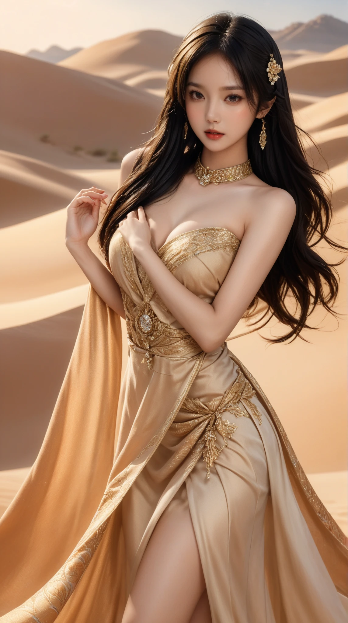 ((highest quality)), ((masterpiece)), (detailed), whole body、wallpaper、Perfect Face、Perfect body、Light brown hair、Beautiful Skin、Russian beauty、(masterpiece:1.3), (8k, Photorealistic, Raw photo, Best image quality: 1.4), (Rough long hairstyle:1.2)、Cleavage:2.2、Wearing a Chinese dress