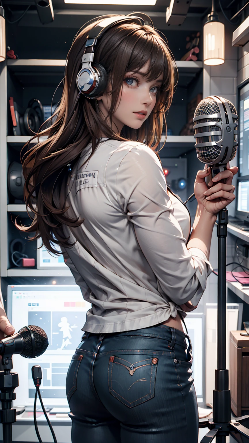 masterpiece, top quality, Ultra Details, illustrations,, [Recording Booth, solo, microphone,  headphones , realistic, brown hair, shirt, cable, white shirt, from behind, microphone, microphone stand,  