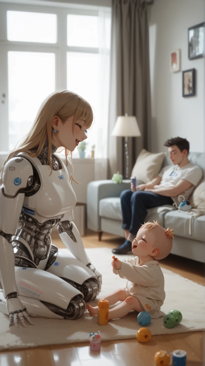 female robot blonde hair, big breasts, pink lips, white body, robot arms, long nails, putting diaper on teenage boy
