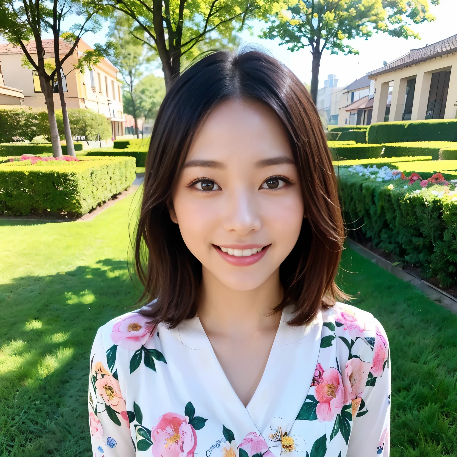 (top quality,high resolution),(realistic:1.37) 、((((1 woman:1. olo:1. 9))、((full body image:1. 9))、Clarify boundaries、 holding a bouquet of flowers、happy smiling girl, detailed eyes and lips, beautiful face、Happy expression、natural light, bright colors, soft background , cheerful atmosphere, garden, colorful flowers々, Green Grass, sunny day, playful mood , Zola々energy, Outdoor Scene, Summer Feeling, carefree な精神, relaxed posture, carefree 、real happiness , Innocence, positive emotions.floral dress、focuses the eyes、bungs、