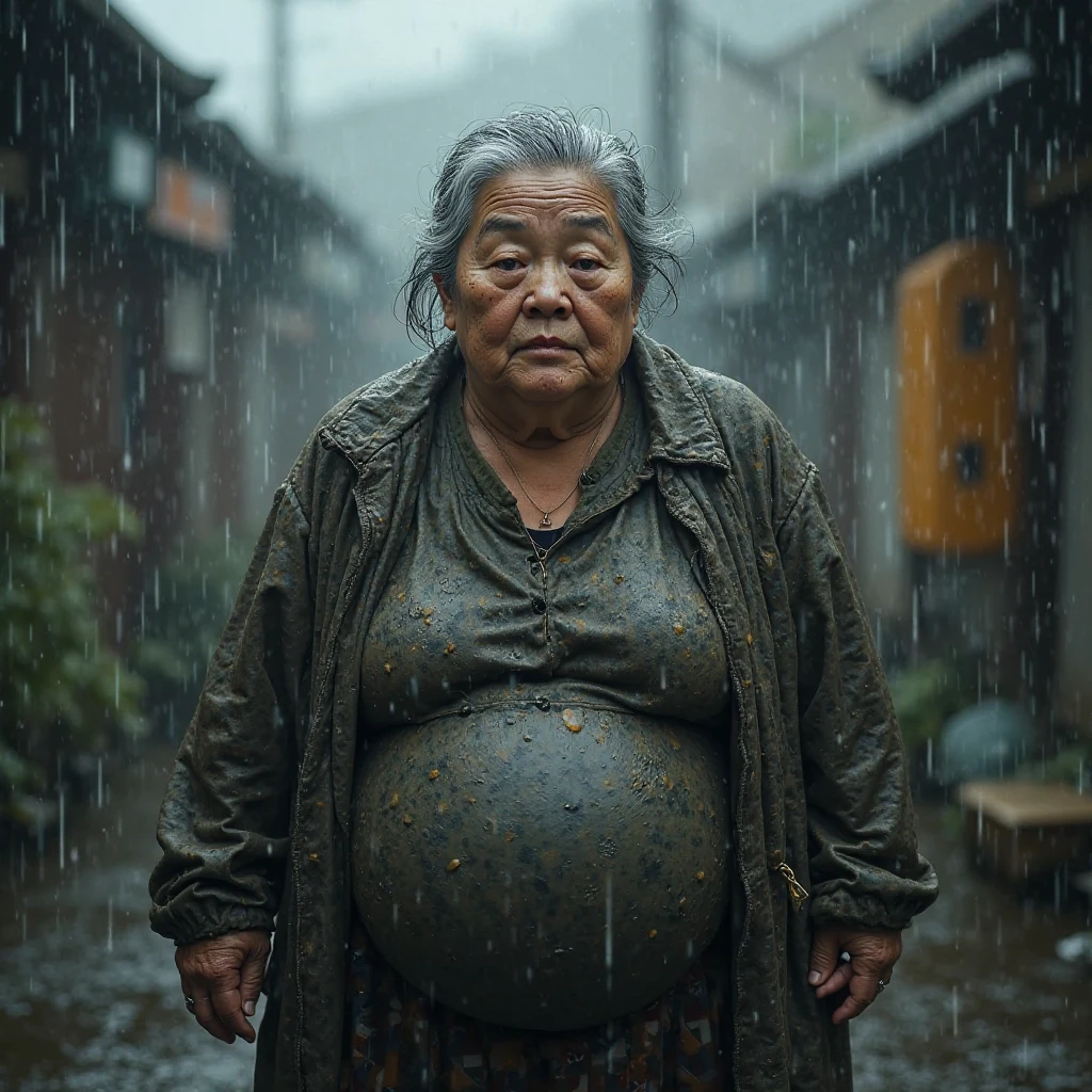 Change clothes,Remove your pants(Torn pants),shoes,Remove the top(Torn clothes),An old Chinese woman,with intense rain,Get wet all over your body,On bluestone slabs in the field,There is a lot of standing water on the ground,Full of sadness,looking toward the viewer