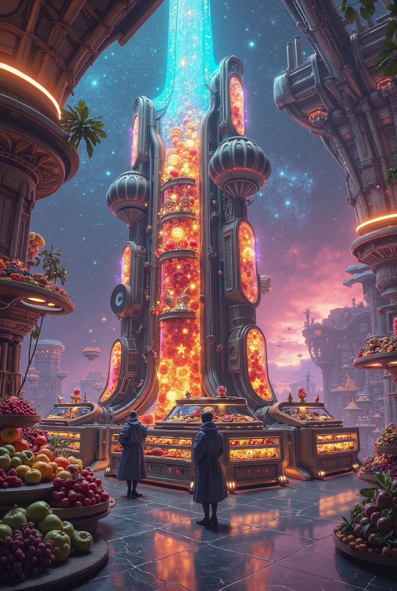 Future mystery fantastic fruit juice shop in universe, galaxy fruit shop, scientific fruit juice shop, there is a allien battle war among the galaxy, super hitech fruit juice machine