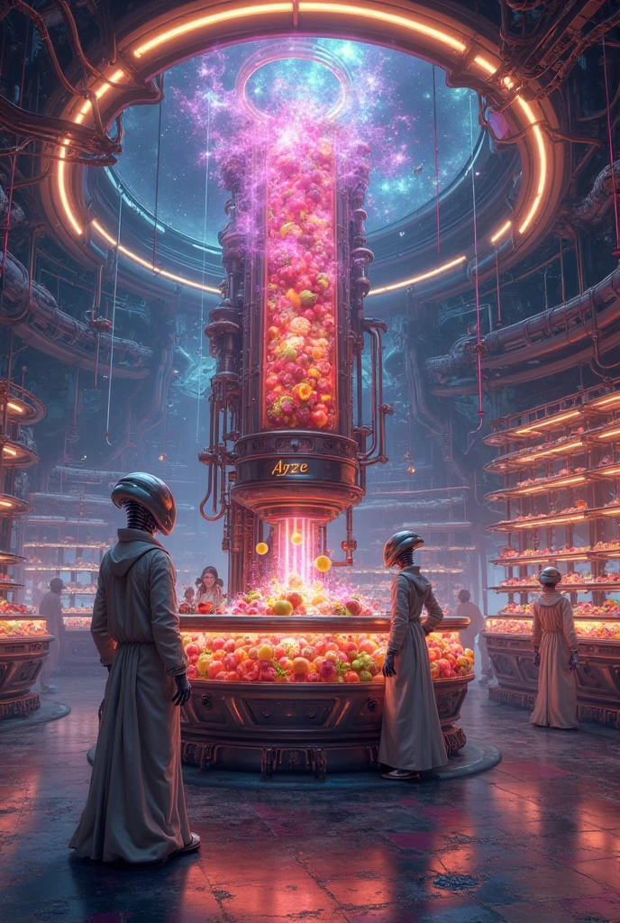 Future mystery fantastic fruit juice shop in universe, galaxy fruit shop, scientific fruit juice shop, there is a allien battle war among the galaxy, super hitech fruit juice machine