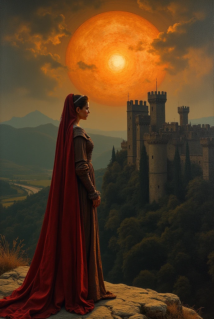 A medieval painting of a woman (Oriana) standing on a castle overlook, with a dramatic dark sunset in the background. The light is soft, with deep contrasts. The figures are stylized, and the scene is composed with intricate details and flat perspectives, characteristic of medieval art.