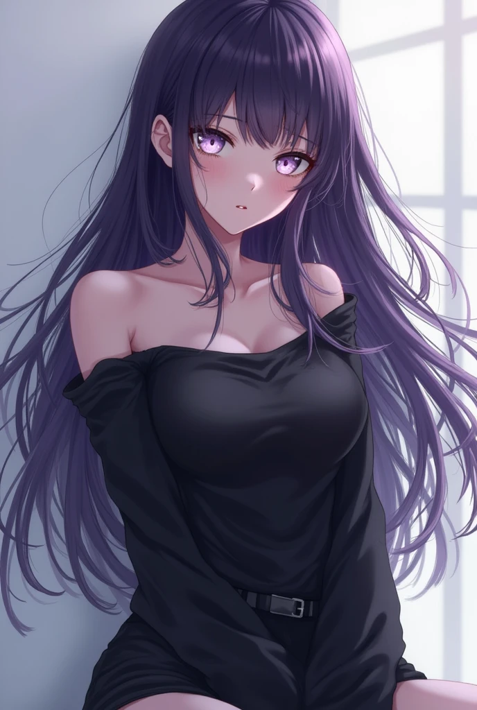 (*****, top-quality, 8K, masterpiece, Top image quality, Hi-Res, super detailing, Ultra HD, (Delicate and smooth skin, real looking skin, Perfect and beautiful face ,Perfect and cute face, high detail skin, Perfect limbs)),, girl , arm behind back , black shirt , blurry background , blushing, heavy breathing , cumdrip , indoors , staring at viewer , medium breasts , purple eyes , purple hair , holding shirt down , short sleeves , solo , steaming body , sweating, leaning forward, no pants, no underwear, yuuka (blue archive)