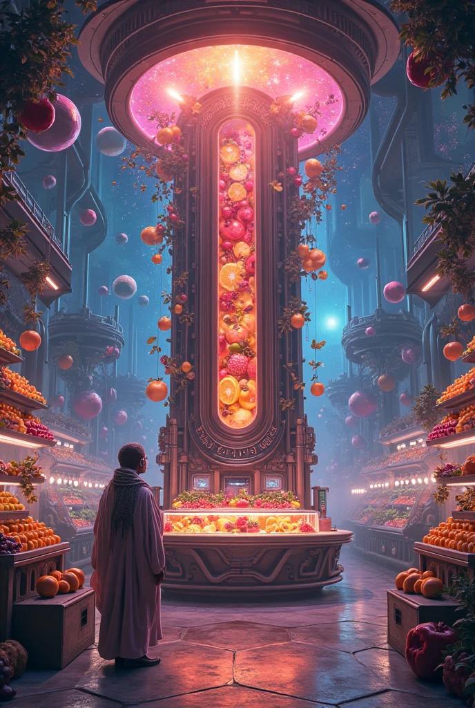 Future mystery fantastic fruit juice shop in universe, galaxy fruit shop, scientific fruit juice shop, there is a allien battle war among the galaxy, super hitech fruit juice machine
