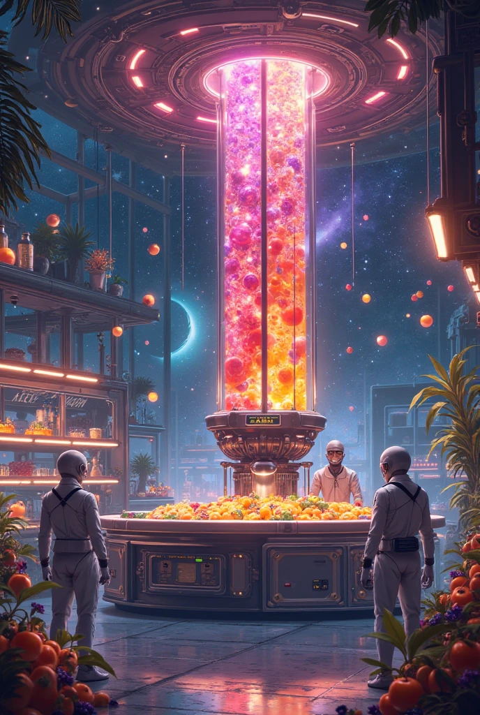 Future mystery fantastic fruit juice shop in universe, galaxy fruit shop, scientific fruit juice shop, there is a allien battle war among the galaxy, super hitech fruit juice machine