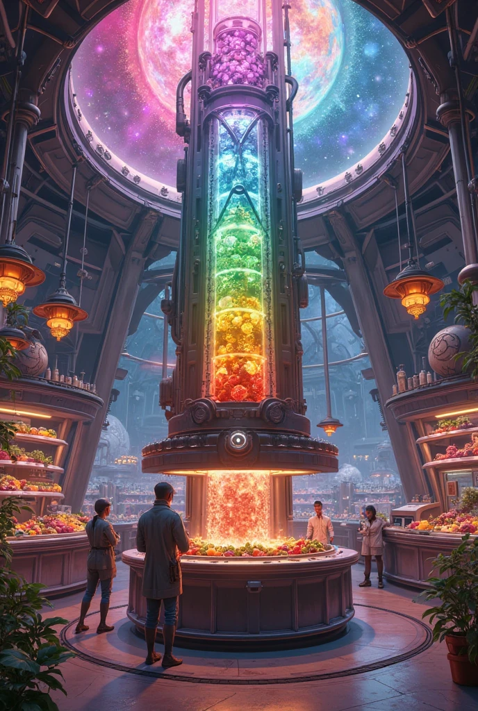 Future mystery fantastic fruit juice shop in universe, galaxy fruit shop, scientific fruit juice shop, there is a allien battle war among the galaxy, super hitech fruit juice machine