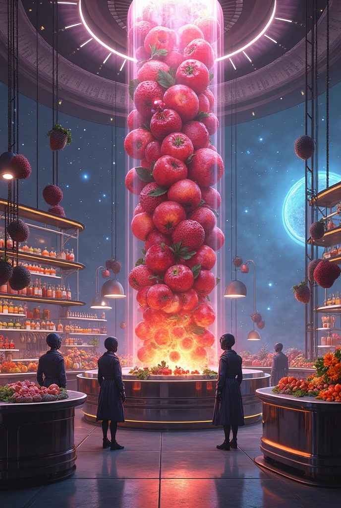 Future mystery fantastic fruit juice shop in universe, galaxy fruit shop, scientific fruit juice shop, there is a allien battle war among the galaxy, super hitech fruit juice machine