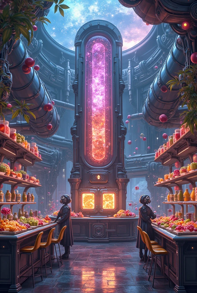 Future mystery fantastic fruit juice shop in universe, galaxy fruit shop, scientific fruit juice shop, there is a allien battle war among the galaxy, super hitech fruit juice machine
