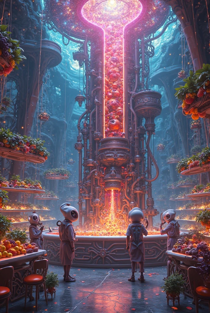 Future mystery fantastic fruit juice shop in universe, galaxy fruit shop, scientific fruit juice shop, there is a allien battle war among the galaxy, super hitech fruit juice machine