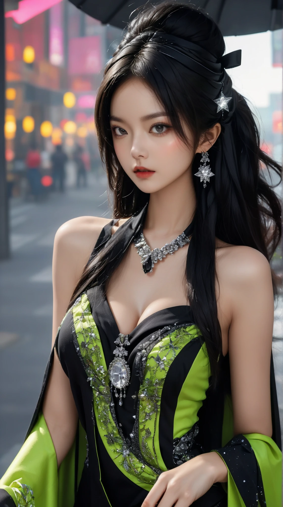 1 beautiful young princess, ((wearing a black armored dress with gold trim in ancient hanfu style:1.6)), (((Exquisite patterns on the skirt:1.6))), ((braided hair with long black bangs: 1.6)), ((long bangs:1.6)), ((hair jewelry:1.9)), ((upper body gold jewelry:1.9)), ((Very delicate gold necklaces:1.7)), ((earrings with emeralds:0.8)), noble, noble style of an extremely beautiful girl, super cute little face, very pretty face, fur thin eyebrows, flawless beautiful face, ((black eye pupils: 0.8)), very beautiful eyes, ((green eyes eyes: 1.6)), beautiful makeup and detailed hairdo, eyelashes, eye makeup wet, high nose, earrings, red lips, ((closed mouth: 1;5 )) beautiful lips, slim hands, ((arms spread out to the sides: 1.7)), rosy face, clean face, flawless beautiful face, smooth white skin,  firm breasts, nice cleavage, ((super big and round breasts: 1.6)), beautiful breasts, perfect body, ((bent sitting position:1.6)), 8k photos, super high quality, super realistic, super 10x pixels, optical, bright studio, bright edges, two-tone lighting, (high detail skin:1.2), super 8k, soft lighting , high quality, volumetric light, optical, optical high resolution, light, best photo, 4k, 8k quality, blur effect, smooth sharpness, 10 x pixels, ((beach at night background:1.5)), aurora, lightning, super realistic graphics, most realistic graphics, alone, solo, Extremely sharp, surreal images, (((frontal portrait: 1.6)))."