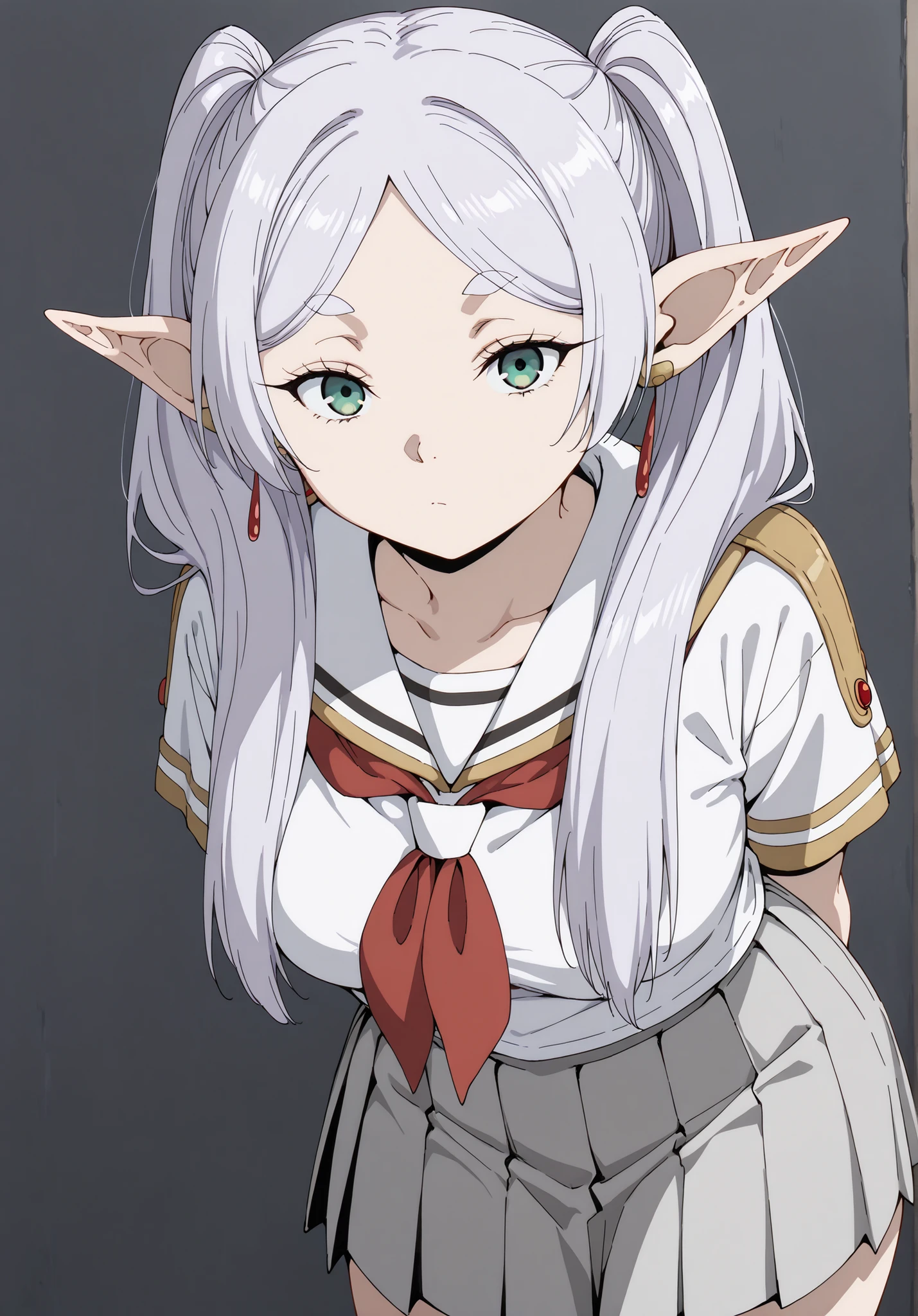 score_9, score_8_up, score_7_up, source_anime, 4K,perfect fingers,(perfect hands, perfect anatomy),prefect lighting, very aesthetic, intricate details,highly detailed background, masterpiece, high quality, best quality,
Solo,((1 female, Frieren, 21 years old)), (pointy ears, elf,), ((long hair, twintails)), ((Gray Hair with twintails, )), thin eyes open, green eyes, cute, female, woman, feminine, large breasts, mature female,
wearing ((grey skirt, neckerchief, pleated skirt, red neckerchief, school uniform, serafuku, shirt, short sleeves, skirt, white shirt, uranohoshi school uniform, )),,
looking at viewer, standing, ((leaning forward:1.2)), ((arms behind back:1.4)), Dark gray background,