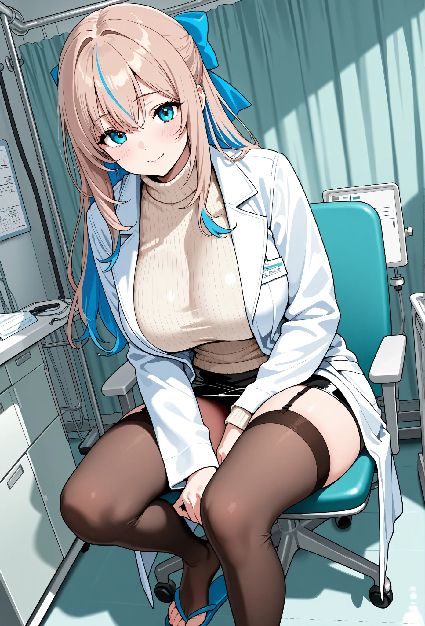 (top-quality、in 8K、32K、masterpiece、nffsw、超A high resolution、Impresionismo、Photorealsitic:1.2)、(((18 year old beautiful girl)))、shinny skin、Absolute area、Beautiful numbness、Curve、high detailing, top-quality, 超A high resolution, 1girl in, (Light pink hair、Nurse、Manteau blanc、show the grinps:1.2), Long bangs、yellow eyes、length hair、middlebreasts, hospitals、houseplant、((cross one's legs))、 the power、A smile, Horns、red horns、(((Manteau blanc、suits、Nurse's Costume)))、sit a chair、paper on desk、Holding a piece of paper and looking back
